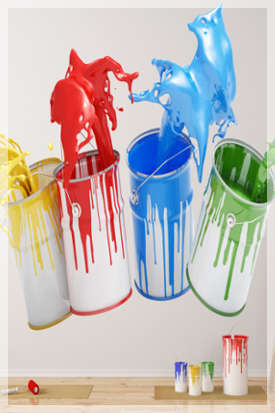 cans of yellow, red, blue and green paint